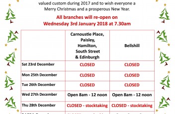 Christmas Opening Times 2017